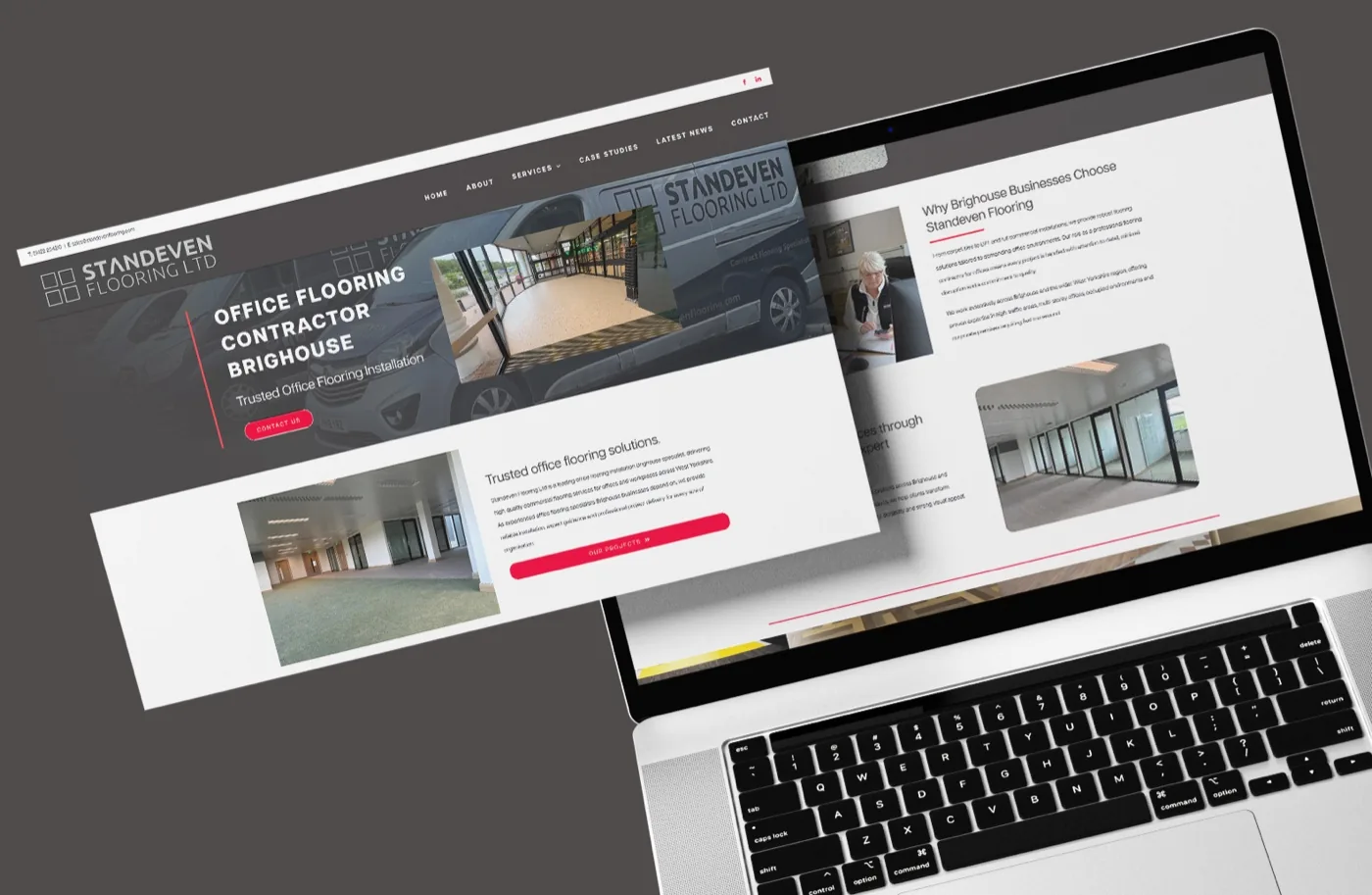 The Standeven Flooring website on a laptop, open at the office flooring page